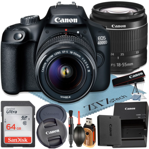 Canon EOS 4000D / Rebel T100 DSLR Camera + EF-S 18-55Mm Lens + Sandisk 64GB Memo