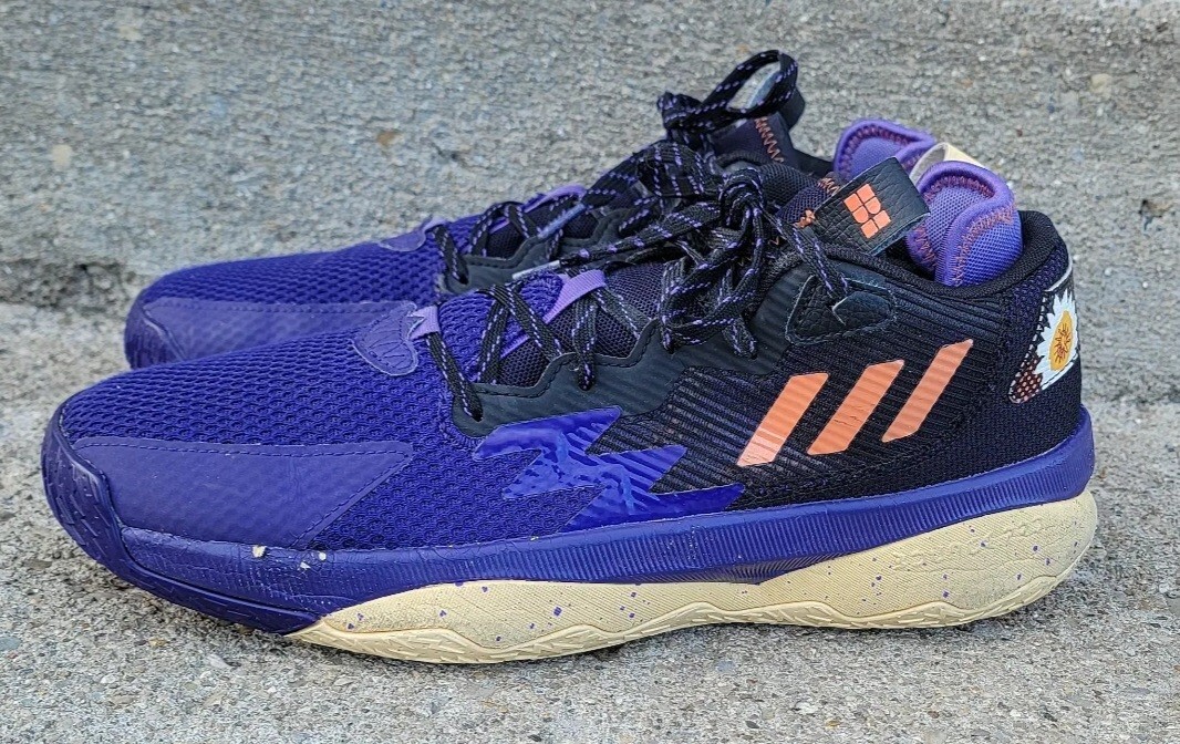 Size 11 - adidas Dame 8 Black White Purple FLOWERS Black 