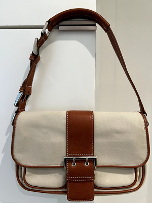 EXPRESS Cream Canvas With Brown Leather Straps Shoulder Bag