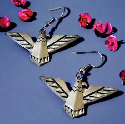 Pewter Eagle Bird Earrings EGe Vintage '89 Dangle Pierced Wire 