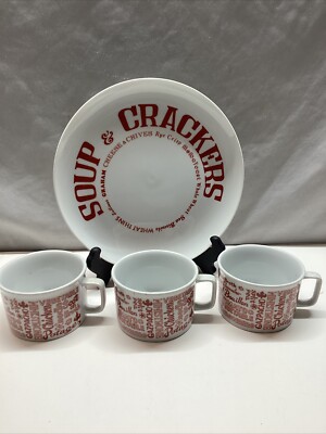 Vtg. ''Soup & Crackers'' 1976 Mann~4 Mugs & Serving Dish Set~Made In Japan~NIB