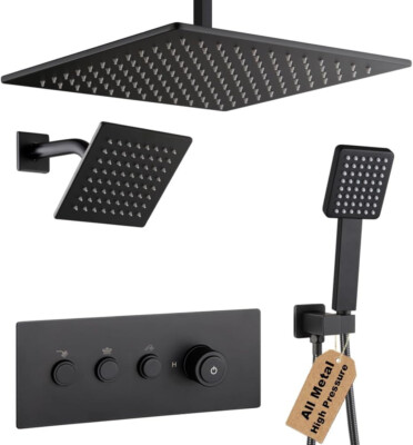 Black Shower Faucet Set Bathroom Rainfall Shower System Ceiling 12 Inch 1838