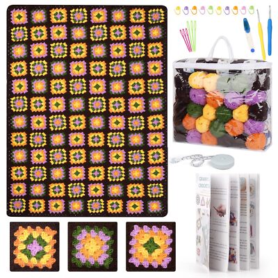 Crochet Kit for Beginners Large Basic Granny Square Crochet Blanket Kit 63'' ...