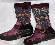 SOCOFY Multicolor Tribal Bohemia Tall Leather Tapestry Boots Rainbow Stitch Sz 5