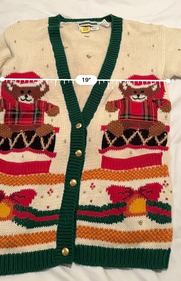 Cardigã suéter feminino Jennifer Moore pequeno tricô à mão Natal feriado ursos - Imagem 3 de 4