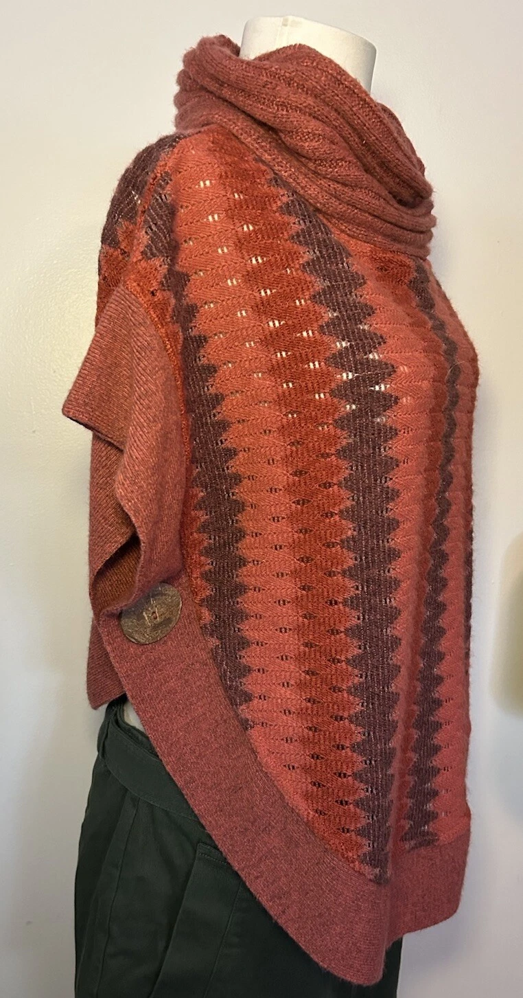Sweater Poncho Knit Terracotta Cozy Cowl Neck Boho layers Coconut buttons One Sz