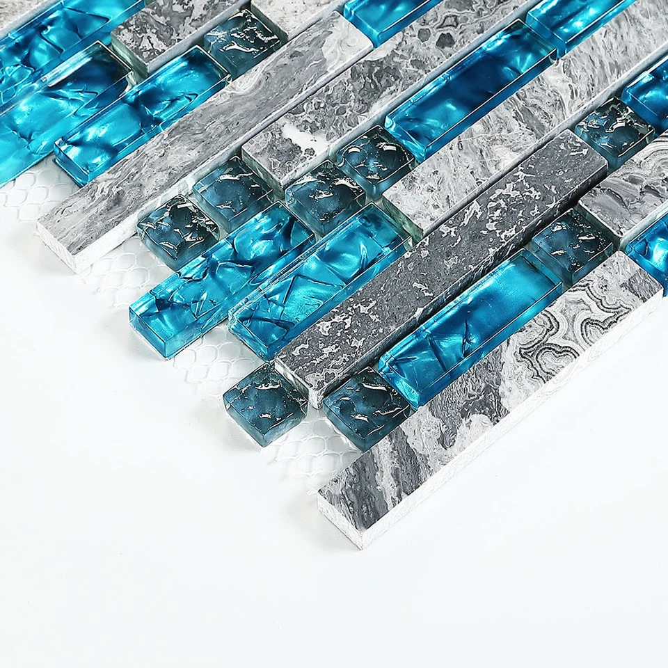 11 PCS Linear Mosaic Wall Tile, Polished Stone & Glass, Teal Blue Mixed Gray - Image 3 of 4