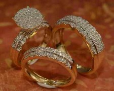 2 Ct Round Cut Simulated Diamond Wedding Trio Ring Set 14k Yellow Gold Plated