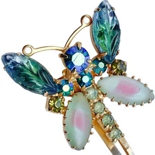 VTG 1950s Butterfly Hair Clip AB Rhinestones Frosted Molded Givre Glass Mid Cent