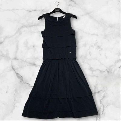 CHANEL Kleid Ärmellos Schwarz 34 Flare Line Coco Mark Baumwolle 102 cm