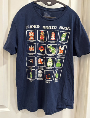 Super Mario Bros. Character Chart T-Shirt Size L | Nintendo Graphic Tee Blue Gam