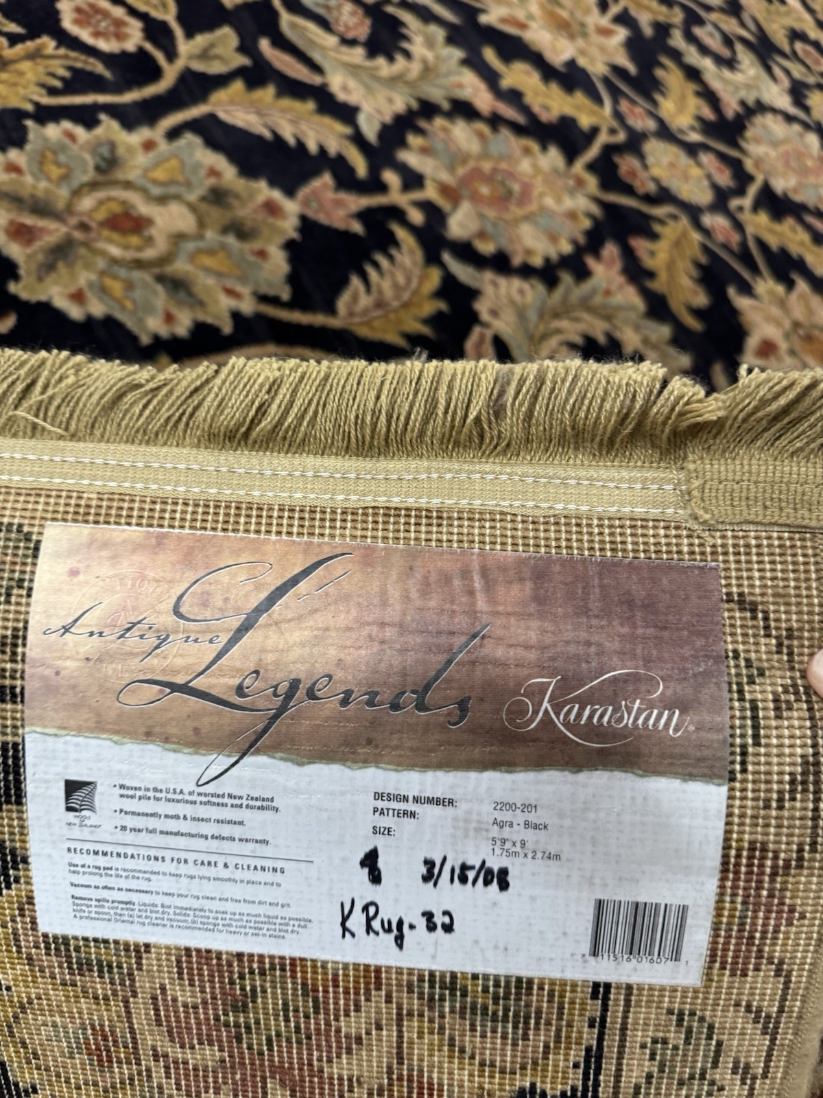Karastan Antique Legends Coll. Agra-Black 2200-201 5'9x9' 100% Wool rug ::NEW::