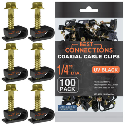 100 pcs Single Black Mounting Coaxial Flex Clips w/ Pre-Inserted Screw RG6, RG59