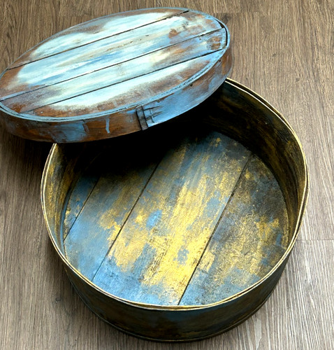 Vintage WOODEN PANTRY CHEESE BOX Primitive Round Bin Wood Planks Blue Gold 19"