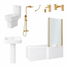 Complete Bathroom Suite 1600mm L-Shaped RH Bath Basin WC Brushed Brass Taps