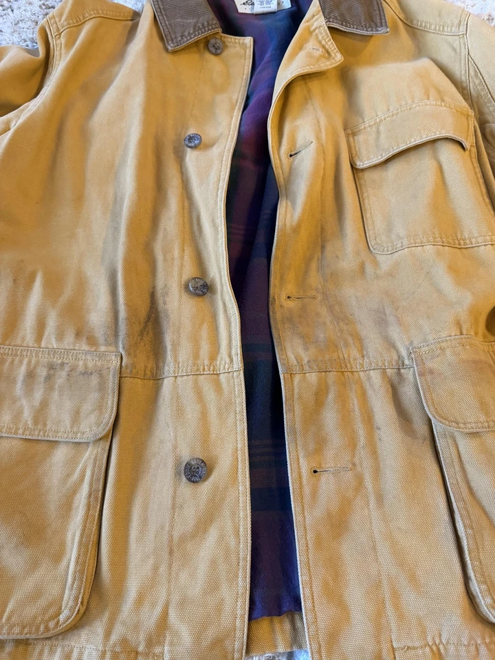 VTG Eddie Bauer Jacket Mens Medium Tan Canvas Barn Coat Corduroy Collar Plaid - Image 2 of 4
