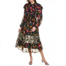 Farm Rio Macaws Flight Tie-Neck Midi/Maxi Dress - Black - Boho - Flowy - Size S