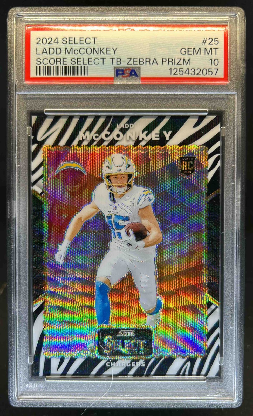 Ladd McConkey Panini Select Score Select Throwback #25 Zebra Prizm