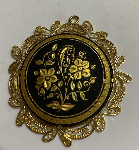 Mid Century Spanish Damascene Pendent Goldtone /black Flowers