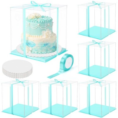 6 Pack Large Clear Cake with Round Cake Boards and Ribbon Taller Carrier Tier...