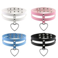 Women's Girls Double-layer PU Leather Heart Adjustable Choker Collar Necklace