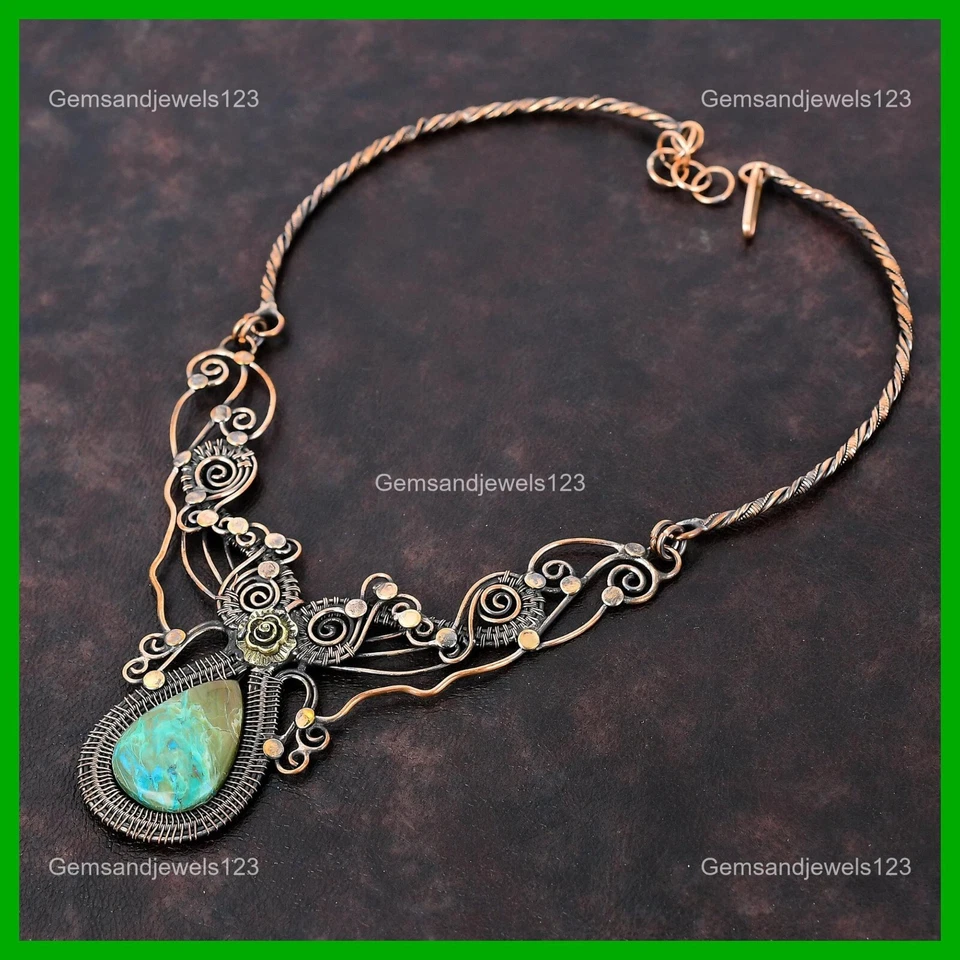 Collar de cumpleaños con cadena de flores envuelta en alambre de cobre piedras preciosas de crisocola joyería Foto 4 de 4