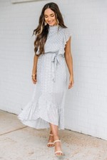 Listicle Sz L Women Wrap Gold Dots Halter Neck Ruffle Pocket Maxi Dress Gray