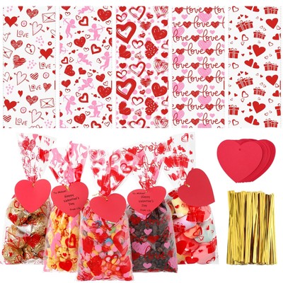 100 Pcs Valentine Treat Bags Cellophane Bags with Heart Love Gift Tags 5 Styl...