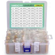 500 Pieces 1/2 Watt Resistor Kit Assortment in Compartmentalized Storage Box