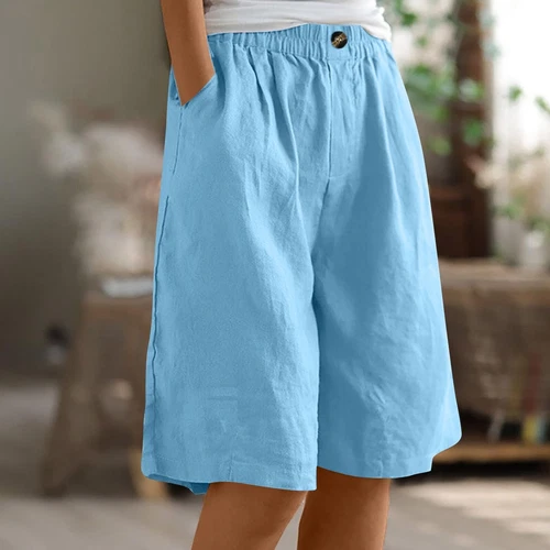 Pantalones cortos para mujer color liso bolsillo abotonado capris cintura elástica sueltos - Imagen 28 de 66