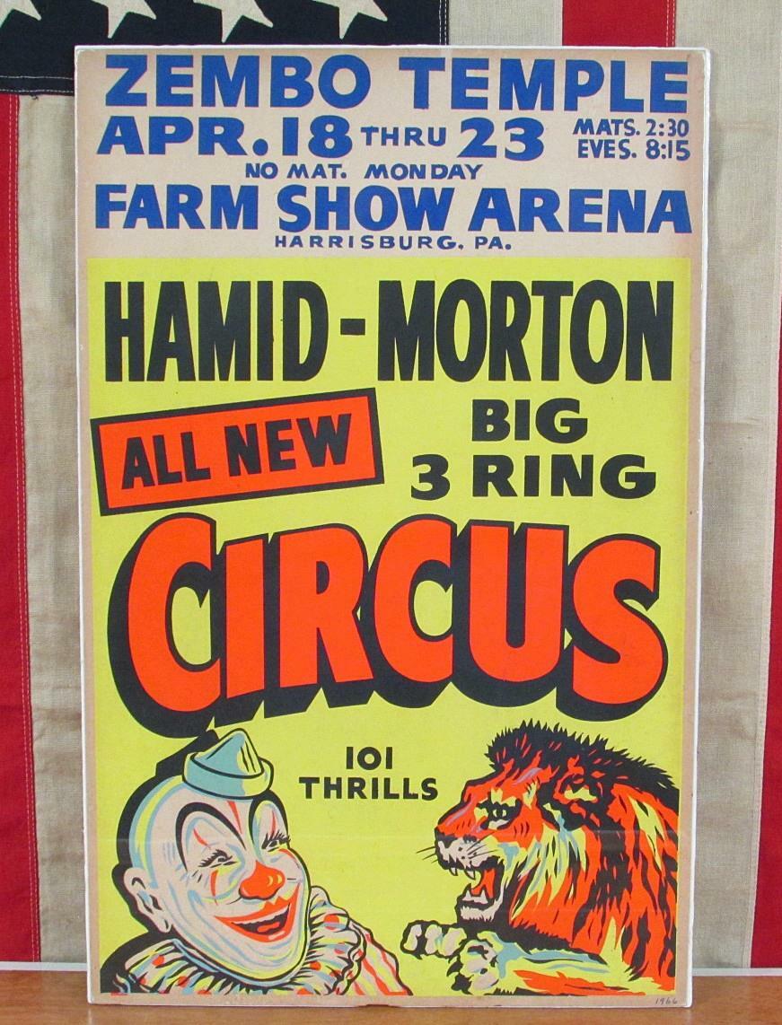 Vintage 1960s Hamid Morton Big 3 Ring Circus Poster Clown