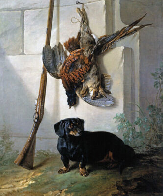 DOG DACHSHUND PEHR WITH PREY HUNT ANIMAL PAINTING BY JEAN BAPTISTE OUDRY REPRO