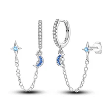 MULA Fine Star Moon Stud Hoop Earrings Blue CZ Women Jewelry 925 Sterling Silver