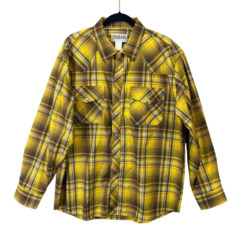 Set of 2 Haband Men Shirts Large Pearl Snap Button Yellow Plaid & Blue Stripe - Image 2 of 4