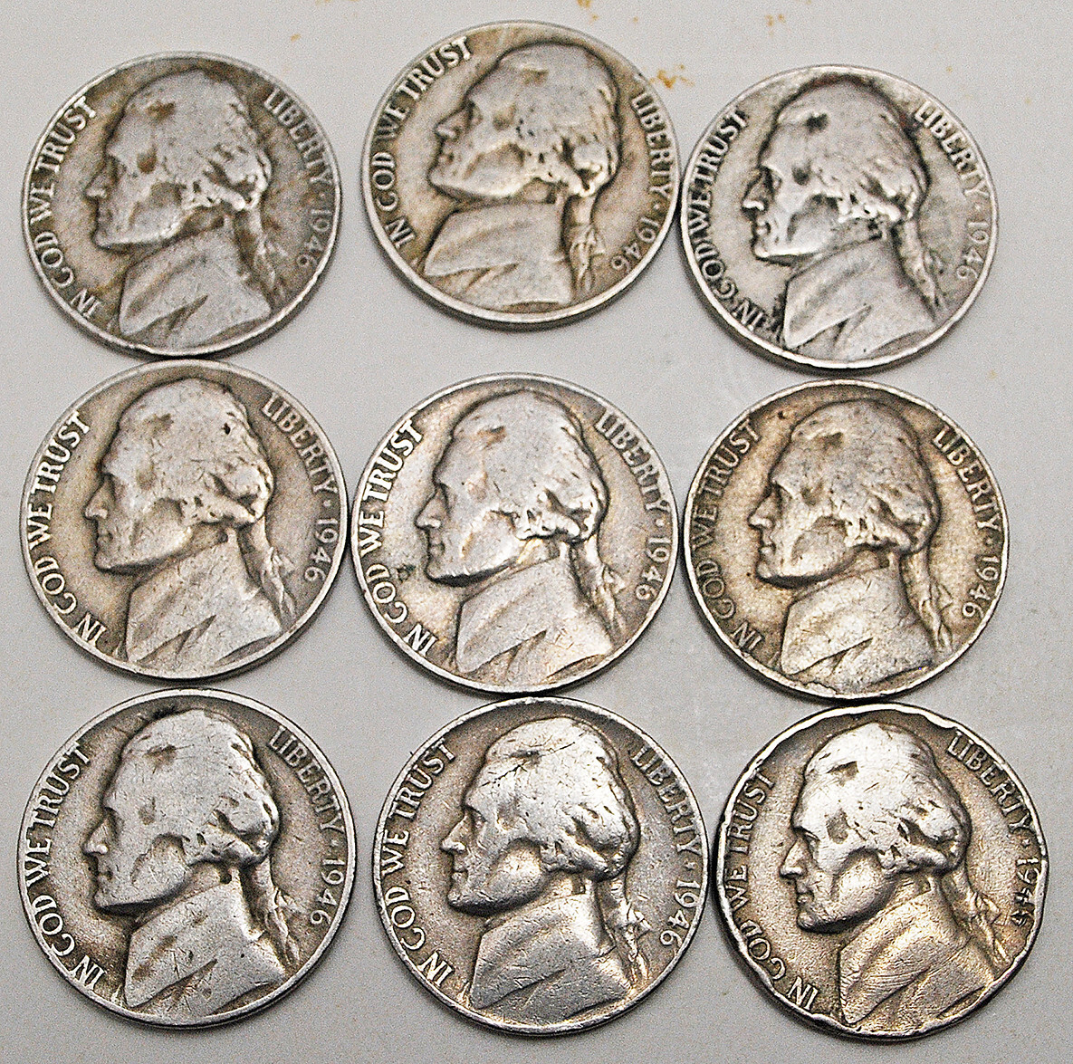 Nine 1946-P 1946-D Jefferson Nickel Coins - Not Cleaned