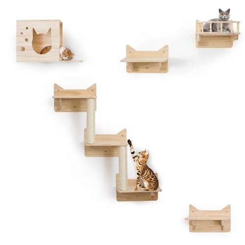 9-Piece Cat Shelves Set 2 Sisal Scratching Posts 5-Step Wall Cat House Cats Midi
