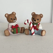 vintage homco christmas teddy bear pair figurines candy cane present 5211