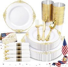 350PCS Gold Plastic Plates - Gold Plastic Dinnerware Sets for 50 Guests
