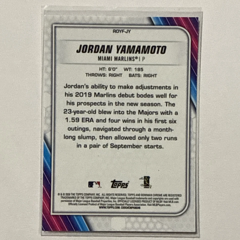 JORDAN YAMAMOTO 2020 BOWMAN CHROME ROOKIE OF THE YEAR FAVORITES RC - Image 2 of 2