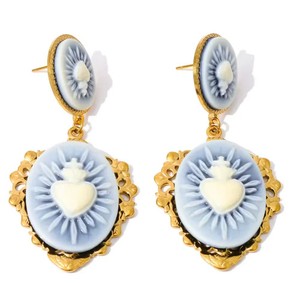Authentic STUNNING! Ex Voto SACRED HEART CAMEO EARRINGS Gold Plated FLAMING HEART