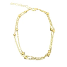 Delicate Double Layer Gold Tone Anklet - Beaded Cable Chain - Adjustable Size, N