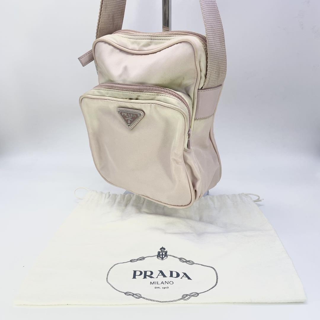 Prada Nylon Shoulder Bag Pink White Logo Authentic Crossbody Purse