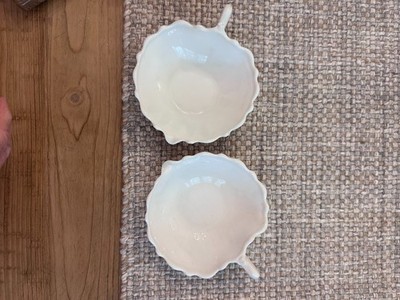 Pair of Vintage Anchor Hocking Oyster & Pearl milk glass heart shaped candy dish