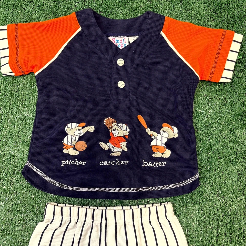 Conjunto de 2 pantalones cortos vintage Y2K pequeños pasos talla 24 M azul naranja osos de béisbol Foto 2 de 4