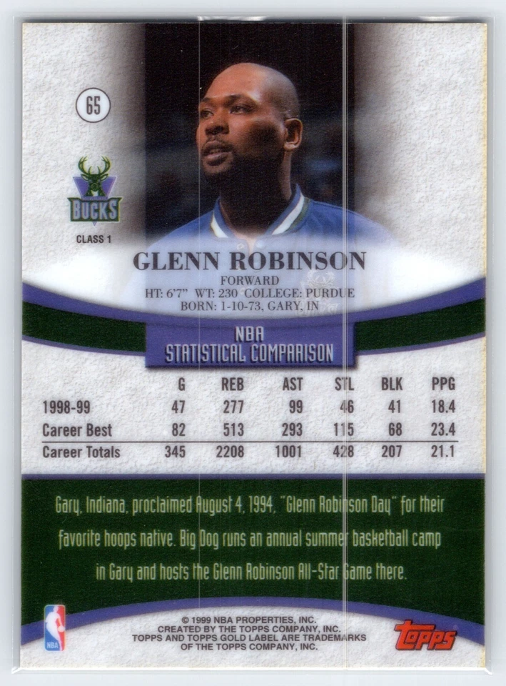 1999-00 Topps Gold Label - Glenn Robinson #65 Class 1 - Image 2 of 2