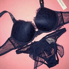 Victoria's Secret 32B BRA SET XS cutout bow Panty navy BLUE silver SHINE STRAP