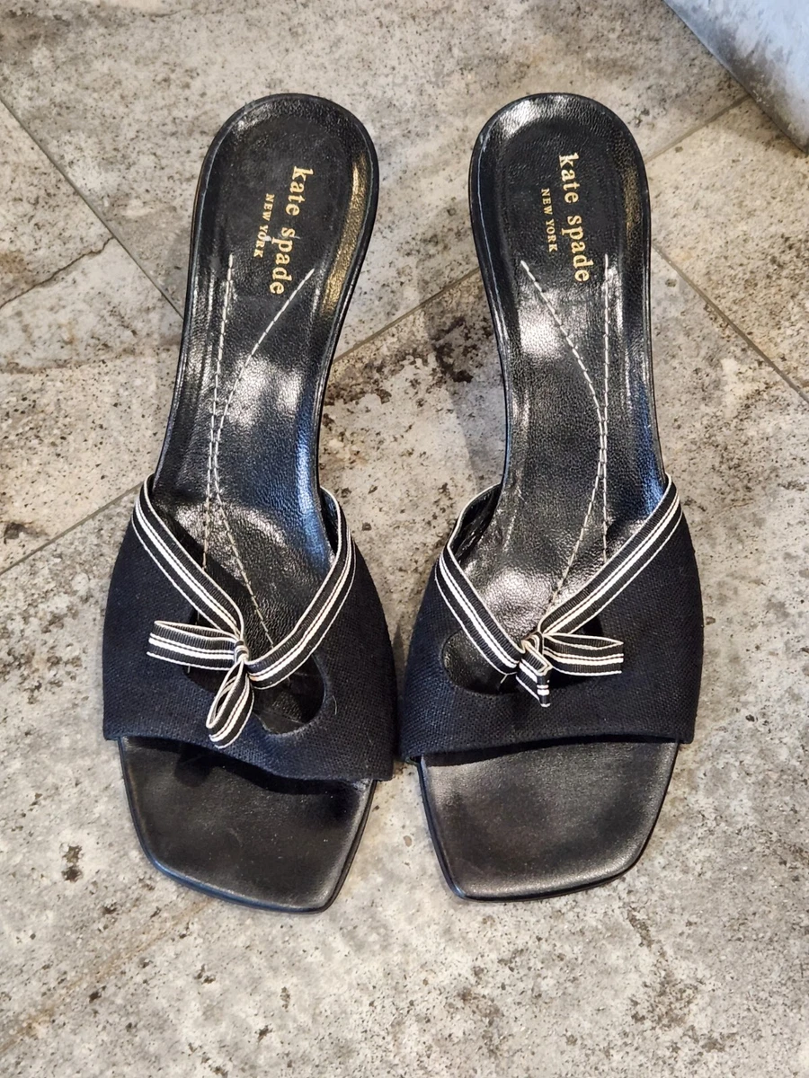 Kate Spade Kitten heel Slides Sandals Square Toe Bow Black 9 1 2