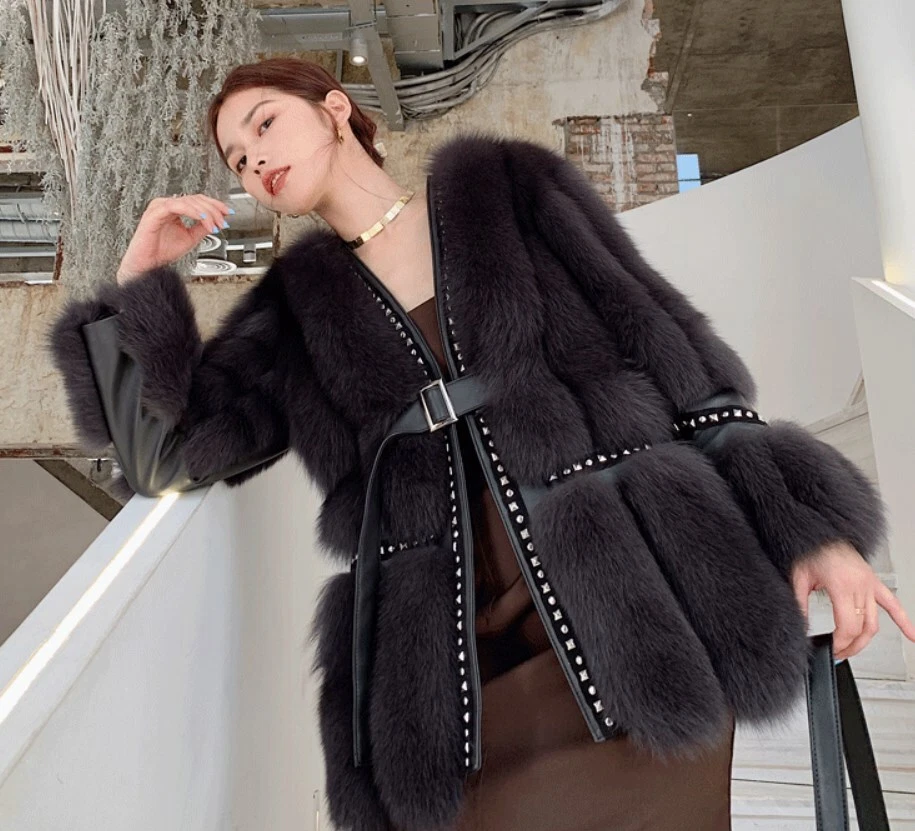 OFF WHITE Nuova giacca donna vera pelliccia caldo spesso cappotto con cintura vera pelliccia