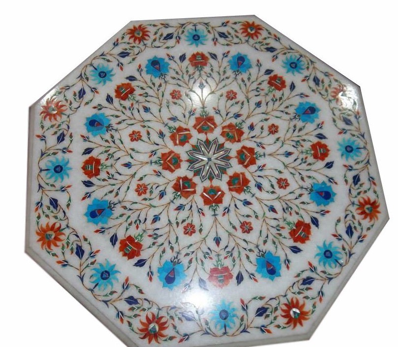 24-inch Handcrafted Marble Table Top with Semi-Precious Stone Floral Inlay