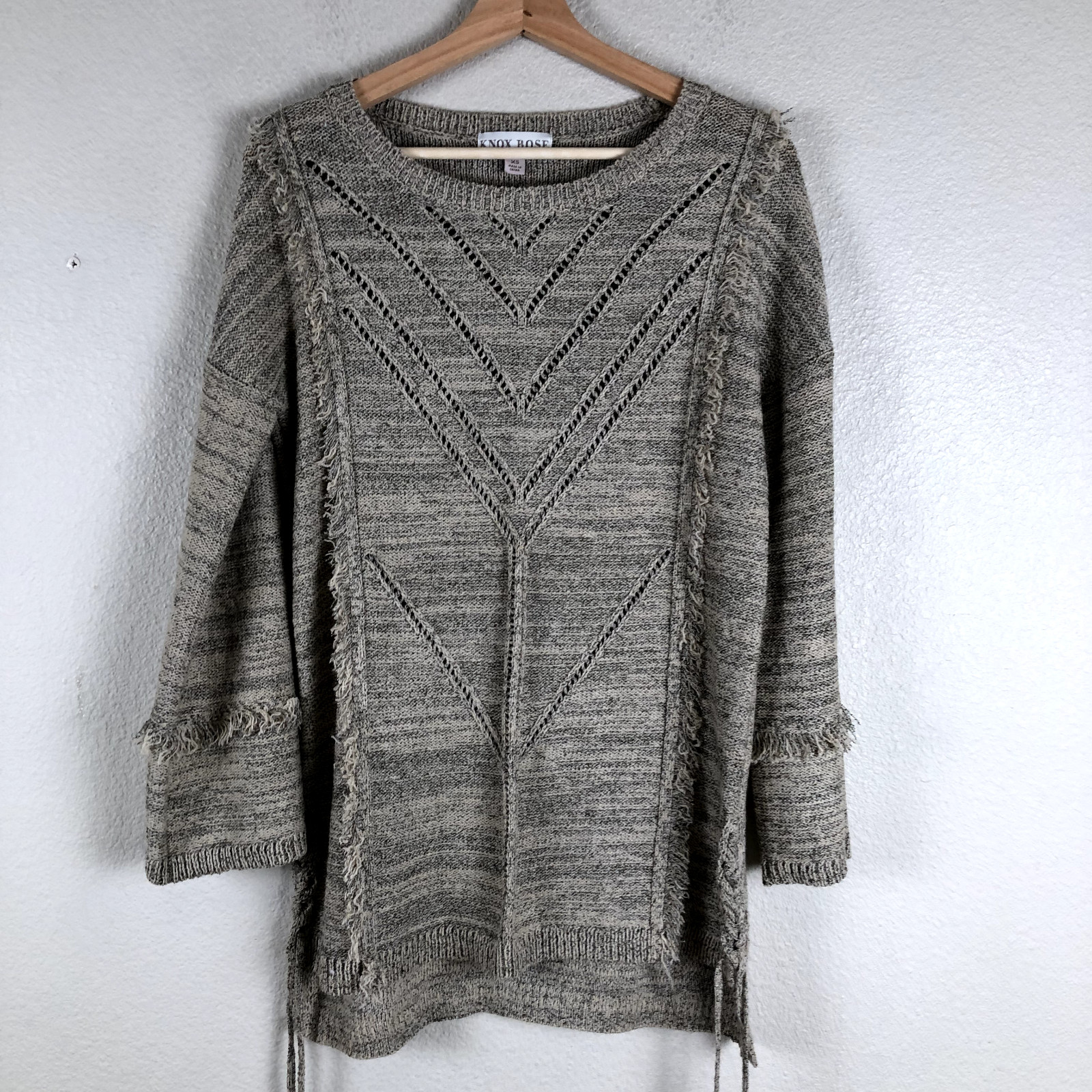 Knox Rose Sweater Womens X Small Tan Black Space Dye Fringe Side Ties Bohemian